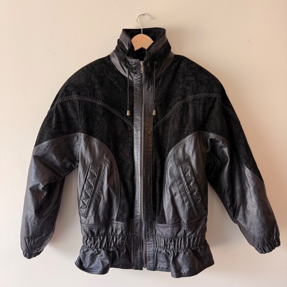 Vintage 80s or 90s Yearbook Long Sleeve Leather Suede Jacket Black